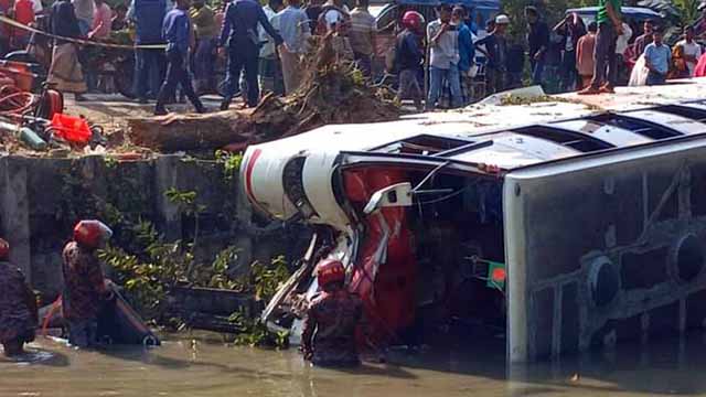 পথচারীকে চাপা দিয়ে বাস পুকুরে, নিহত ২